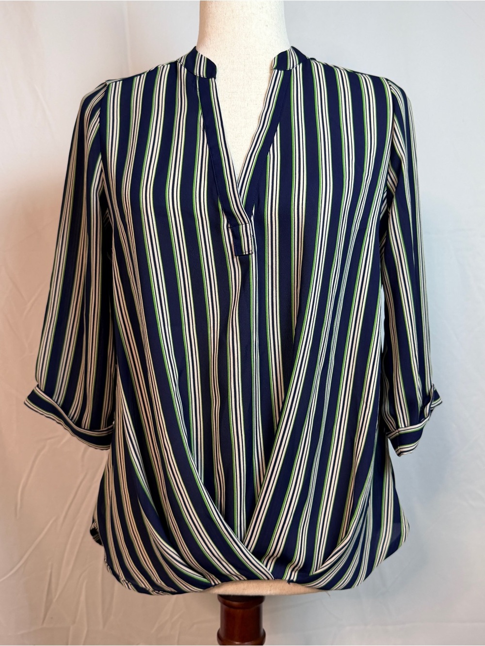Timing Striped Navy Wrap-Front Women’s Blouse